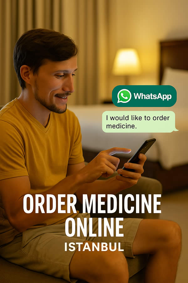 Tourist ordering medicine online via WhatsApp in a hotel room in Istanbul